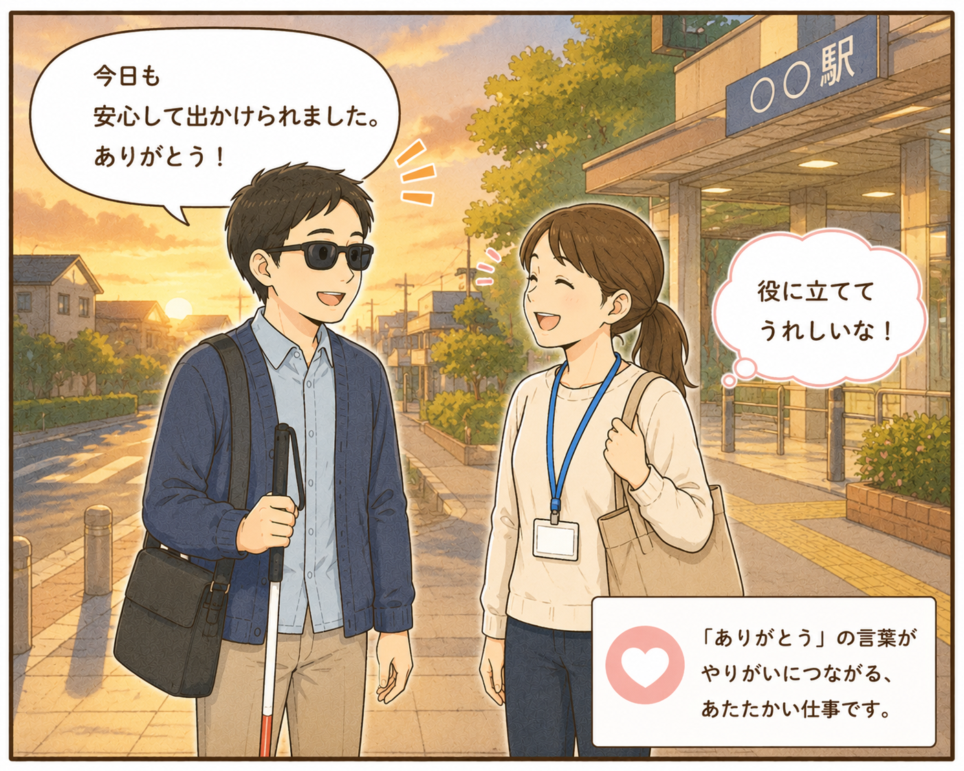 ④ありがとう：帰り道で利用者の方と笑顔で別れるヘルパー（同行援護の1日）